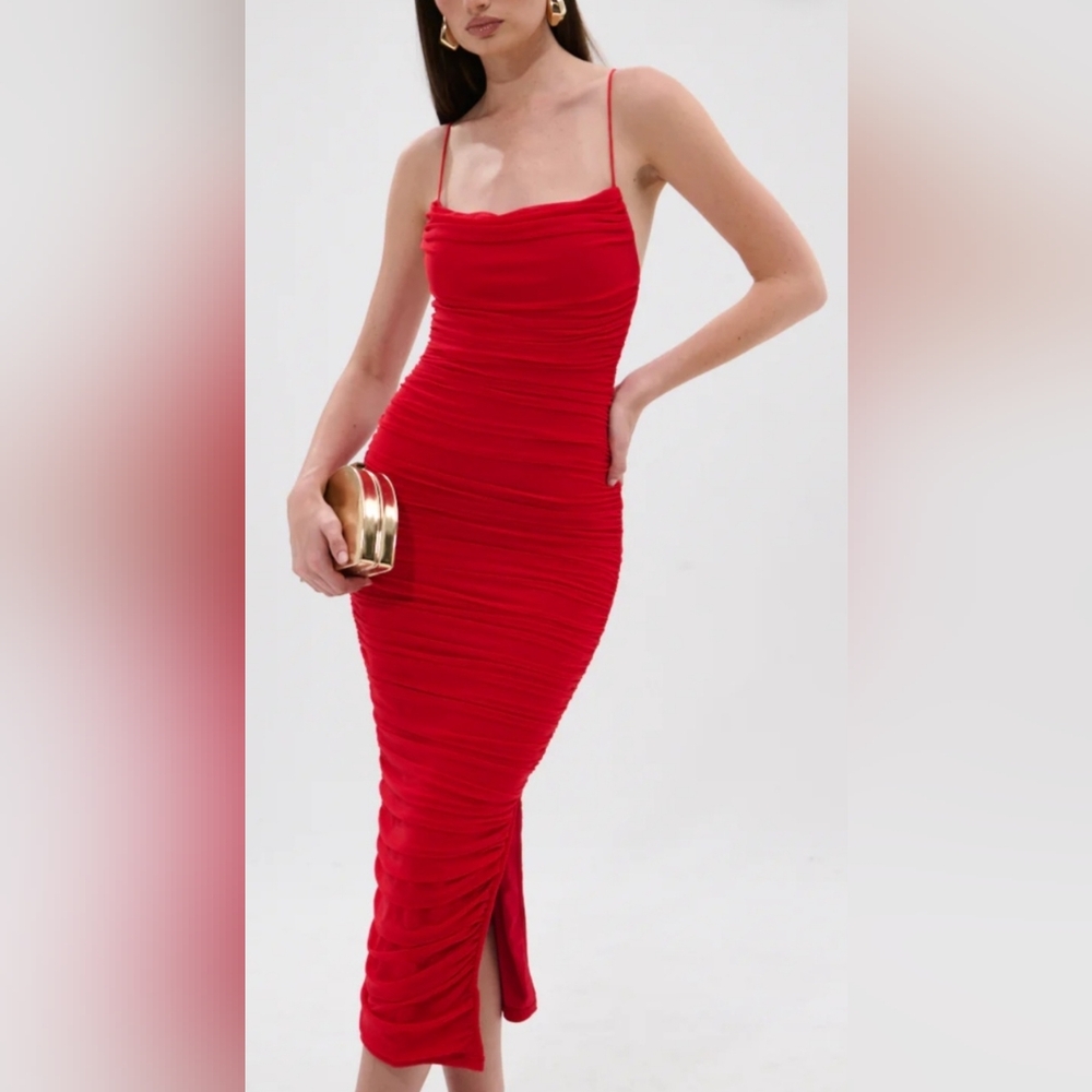 Akira SHINE BRIGHT SLINKY MIDI DRESS RED RUCHED